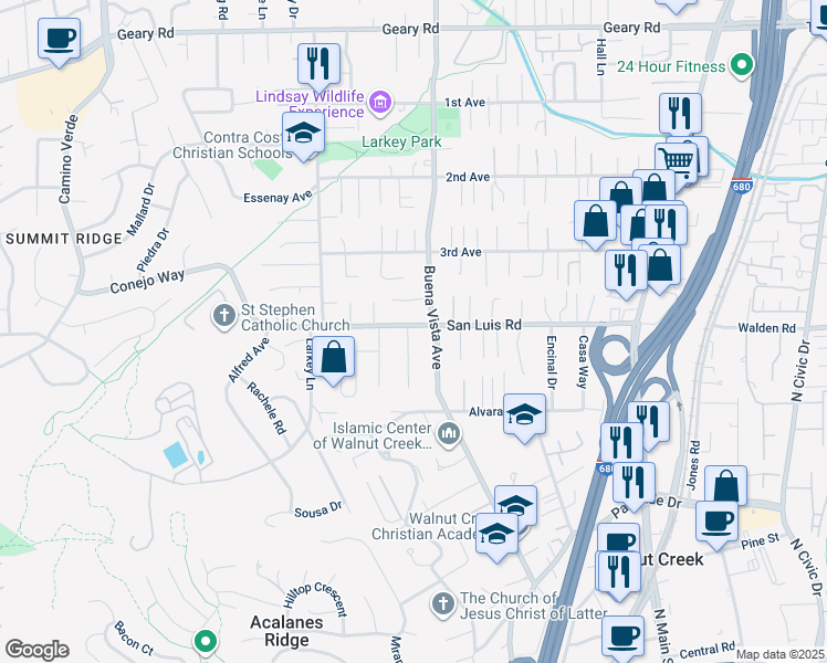 map of restaurants, bars, coffee shops, grocery stores, and more near 1821 San Luis Road in Walnut Creek