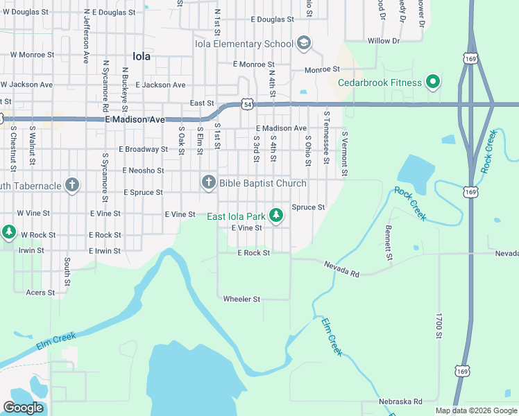 map of restaurants, bars, coffee shops, grocery stores, and more near 501-599 South 3rd Street in Iola