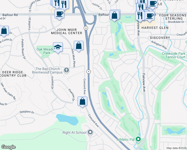 map of restaurants, bars, coffee shops, grocery stores, and more near 341 Upton Pyne Drive in Brentwood