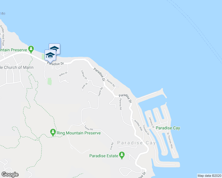 map of restaurants, bars, coffee shops, grocery stores, and more near 4900 Paradise Drive in Marin County