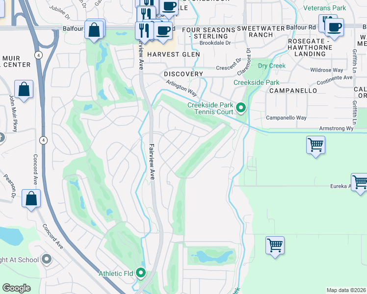 map of restaurants, bars, coffee shops, grocery stores, and more near 674 Stewart Way in Brentwood