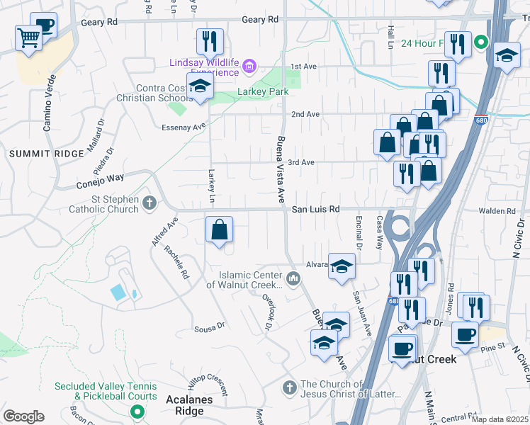 map of restaurants, bars, coffee shops, grocery stores, and more near 1839 San Luis Road in Walnut Creek