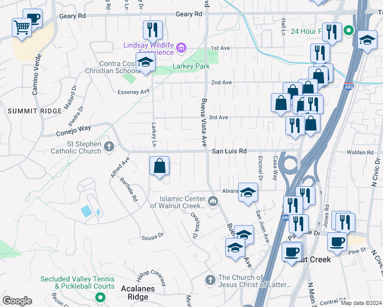 map of restaurants, bars, coffee shops, grocery stores, and more near 1839 San Luis Road in Walnut Creek