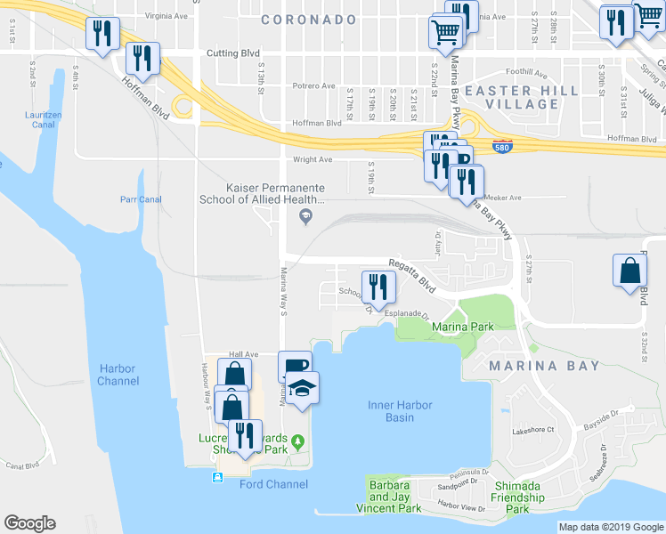 map of restaurants, bars, coffee shops, grocery stores, and more near 1655 Northshore Drive in Richmond