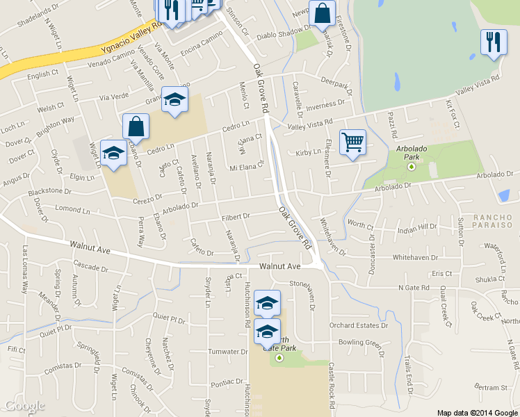 map of restaurants, bars, coffee shops, grocery stores, and more near 2930 Filbert Drive in Walnut Creek