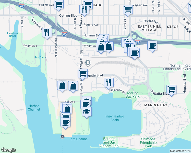 map of restaurants, bars, coffee shops, grocery stores, and more near 1653 Northshore Drive in Richmond