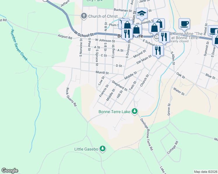 map of restaurants, bars, coffee shops, grocery stores, and more near 209 Middle Street in Bonne Terre