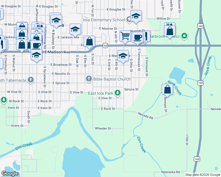 map of restaurants, bars, coffee shops, grocery stores, and more near 501 South 3rd Street in Iola