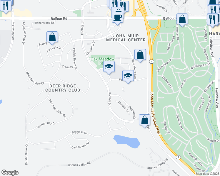 map of restaurants, bars, coffee shops, grocery stores, and more near 354 Foothill Drive in Brentwood