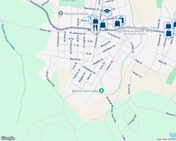 map of restaurants, bars, coffee shops, grocery stores, and more near 113 Shephard Street in Bonne Terre
