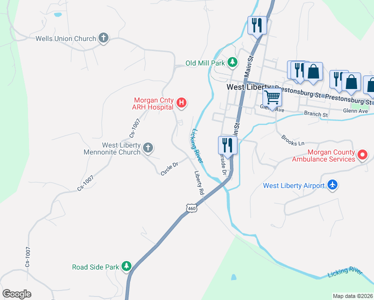map of restaurants, bars, coffee shops, grocery stores, and more near 211 Liberty Road in West Liberty
