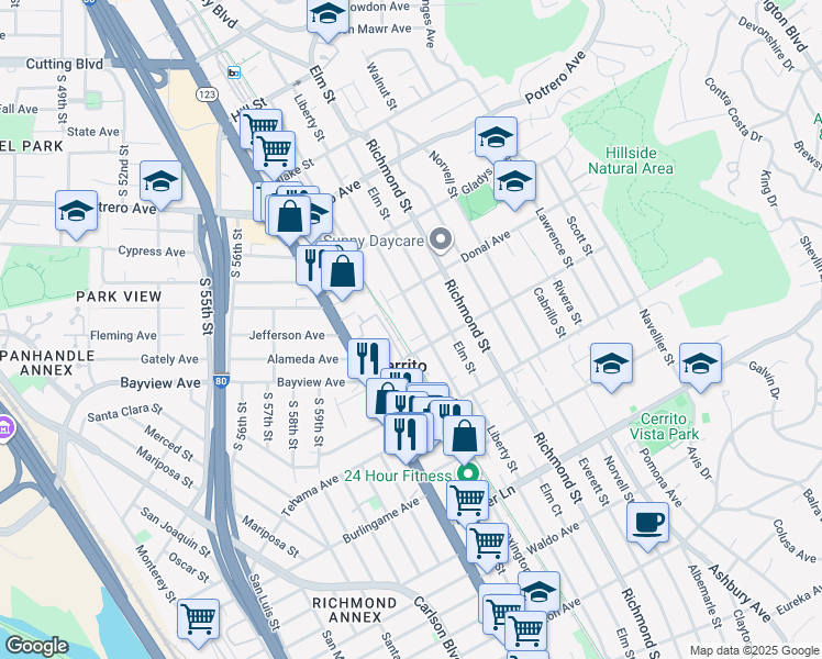 map of restaurants, bars, coffee shops, grocery stores, and more near 1317 Liberty Street in El Cerrito