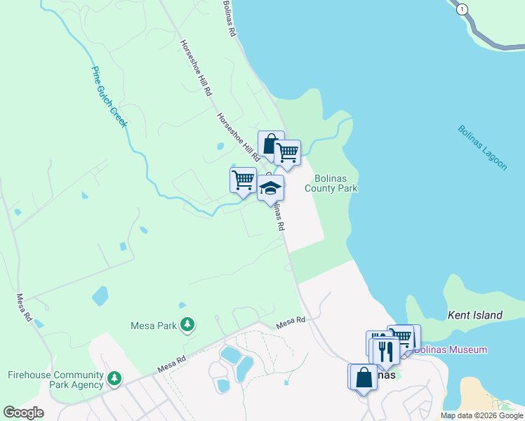 map of restaurants, bars, coffee shops, grocery stores, and more near 125 Olema Bolinas Road in Bolinas