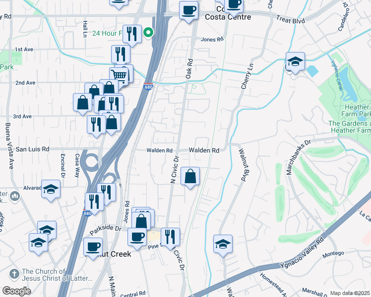 map of restaurants, bars, coffee shops, grocery stores, and more near in Walnut Creek