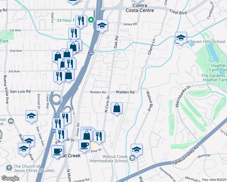 map of restaurants, bars, coffee shops, grocery stores, and more near 10 Joann Court in Walnut Creek