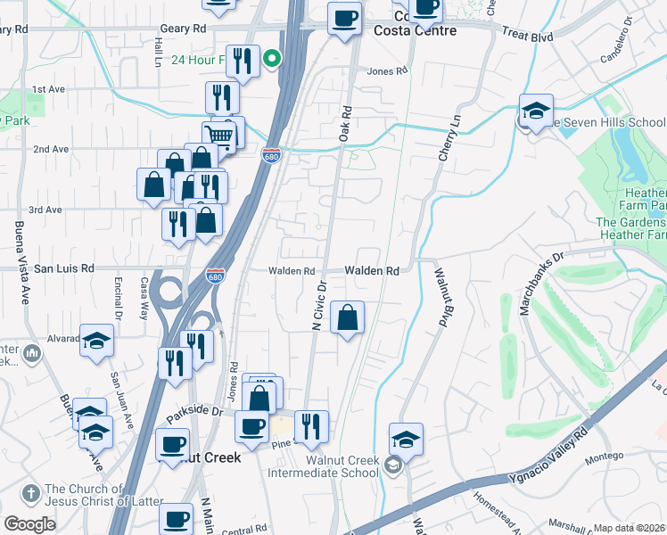 map of restaurants, bars, coffee shops, grocery stores, and more near 10 Joann Court in Walnut Creek