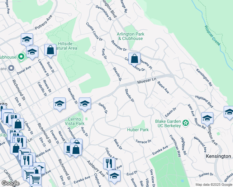 map of restaurants, bars, coffee shops, grocery stores, and more near 966 Sea View Drive in El Cerrito