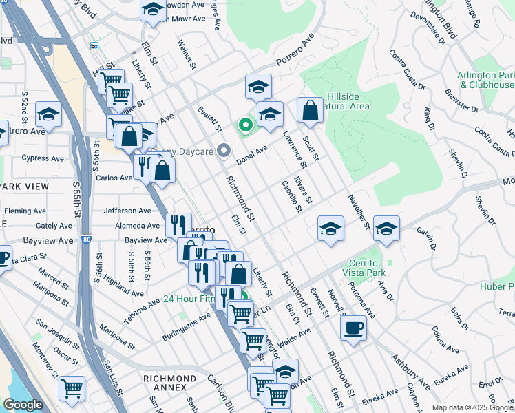 map of restaurants, bars, coffee shops, grocery stores, and more near 1234 Richmond Street in El Cerrito