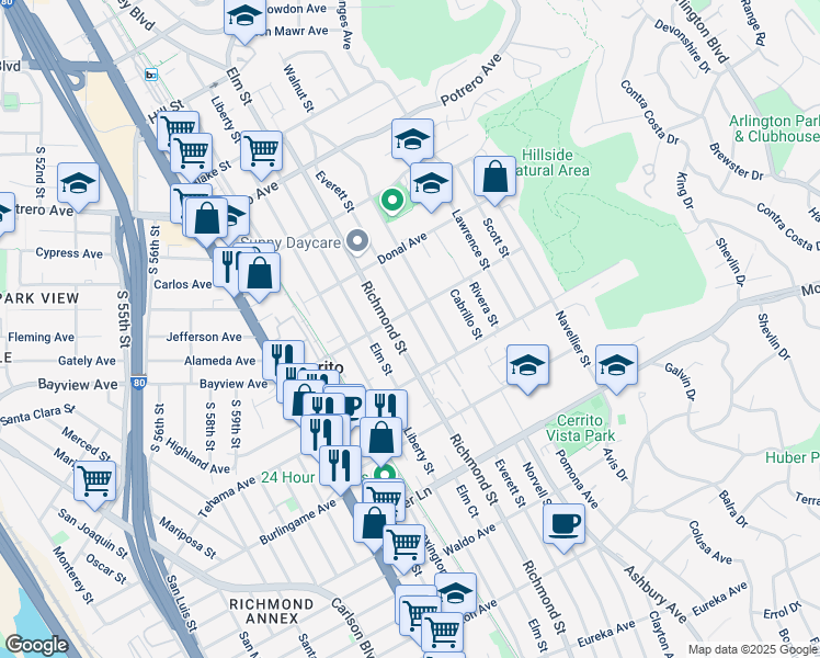 map of restaurants, bars, coffee shops, grocery stores, and more near 1234 Richmond Street in El Cerrito