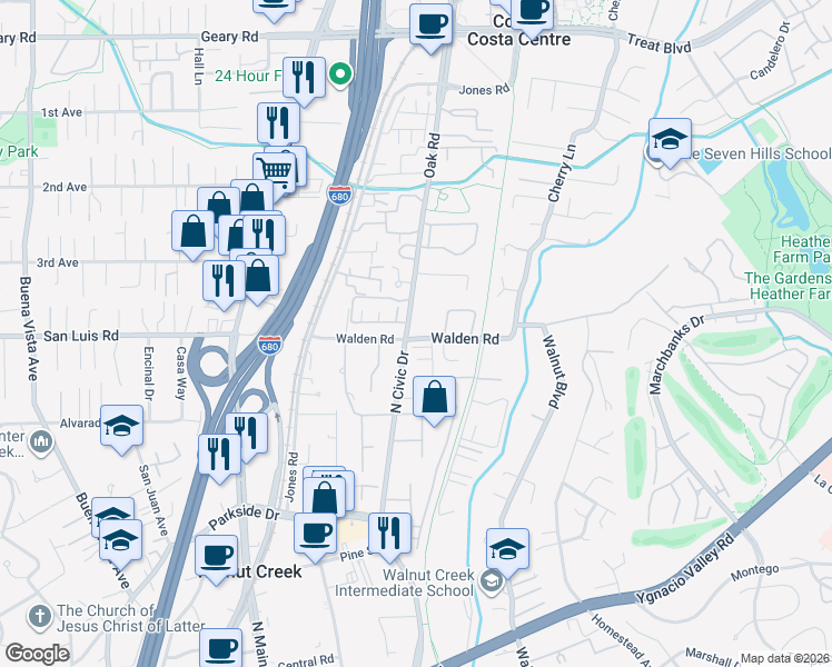 map of restaurants, bars, coffee shops, grocery stores, and more near 10 Joann Court in Walnut Creek