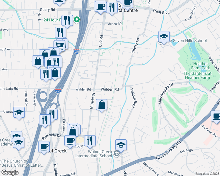 map of restaurants, bars, coffee shops, grocery stores, and more near 1300 Walden Road in Walnut Creek