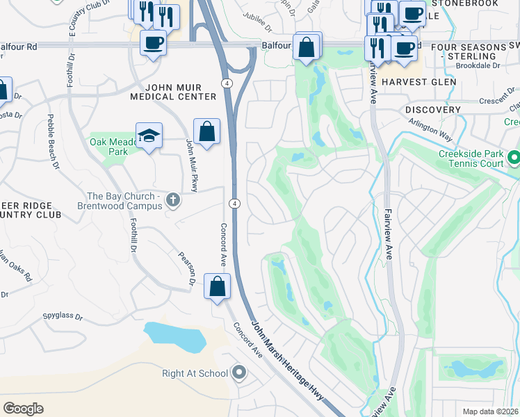 map of restaurants, bars, coffee shops, grocery stores, and more near 479 Summer Red Way in Brentwood