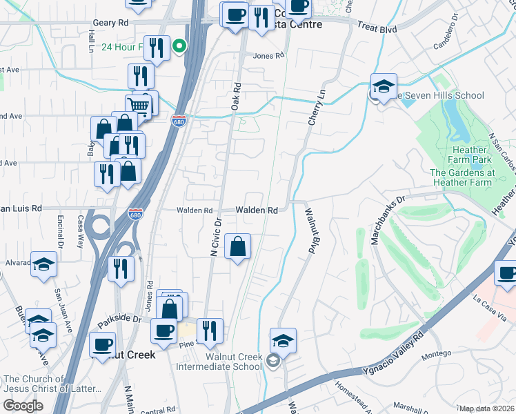 map of restaurants, bars, coffee shops, grocery stores, and more near 1300 Walden Road in Walnut Creek