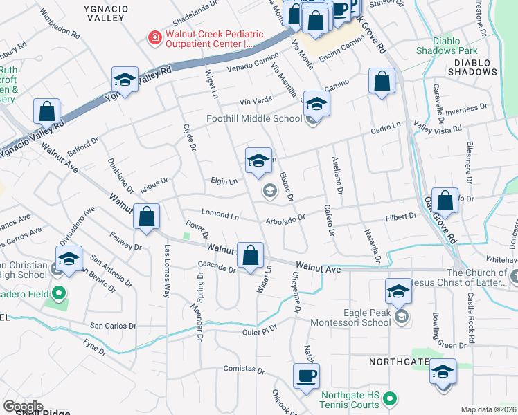 map of restaurants, bars, coffee shops, grocery stores, and more near 530 Wiget Lane in Walnut Creek
