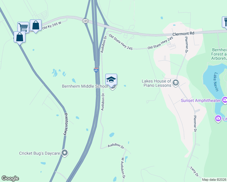 map of restaurants, bars, coffee shops, grocery stores, and more near 700 Audubon Drive in Shepherdsville