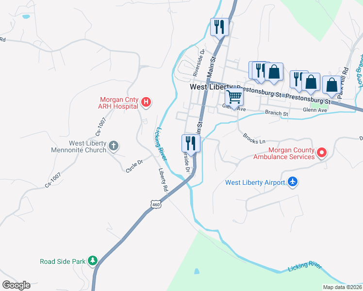 map of restaurants, bars, coffee shops, grocery stores, and more near 249 West Main Street in West Liberty