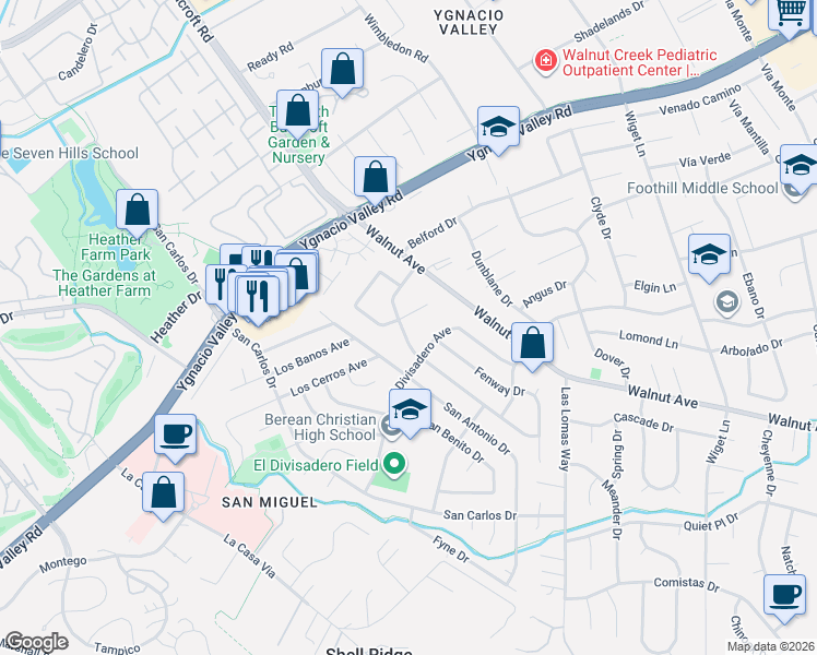 map of restaurants, bars, coffee shops, grocery stores, and more near 218 Warwick Drive in Walnut Creek