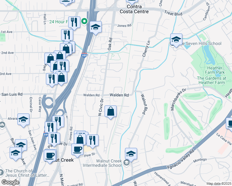 map of restaurants, bars, coffee shops, grocery stores, and more near 10 Joann Court in Walnut Creek
