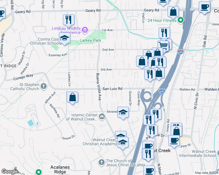 map of restaurants, bars, coffee shops, grocery stores, and more near 16 Valla Court in Walnut Creek