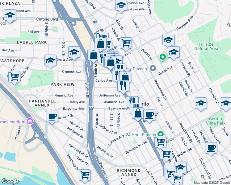 map of restaurants, bars, coffee shops, grocery stores, and more near 5732 Jefferson Avenue in Richmond