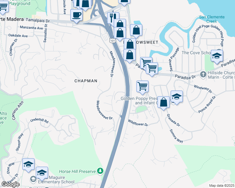 map of restaurants, bars, coffee shops, grocery stores, and more near 1441 Casa Buena Drive in Corte Madera