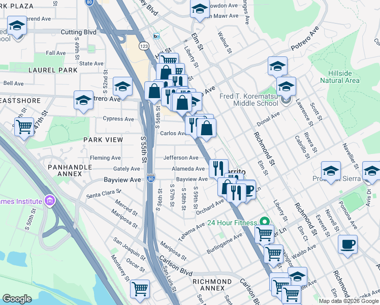 map of restaurants, bars, coffee shops, grocery stores, and more near 5819 Jefferson Avenue in Richmond