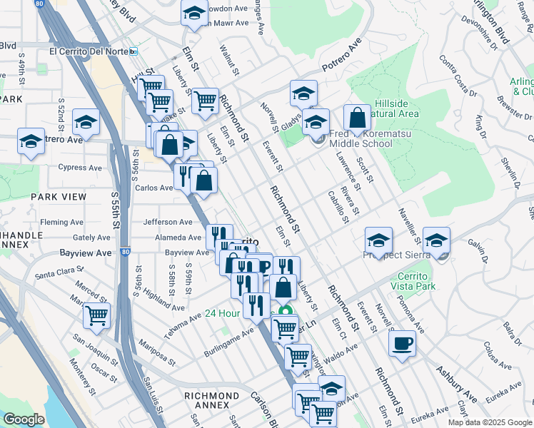 map of restaurants, bars, coffee shops, grocery stores, and more near 1311 Elm Street in El Cerrito