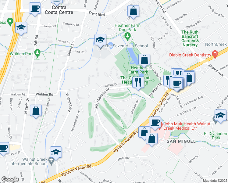map of restaurants, bars, coffee shops, grocery stores, and more near 112 Marchbanks Court in Walnut Creek
