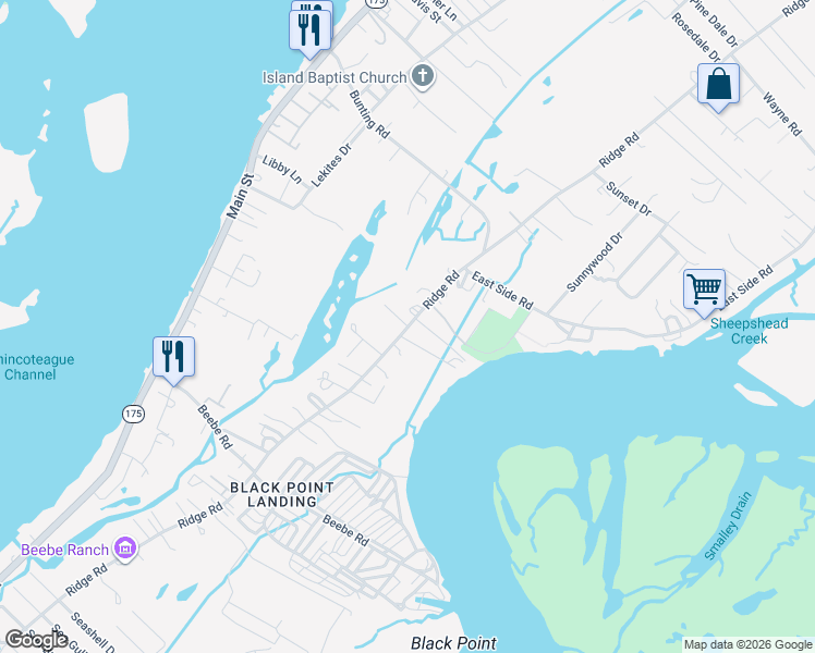 map of restaurants, bars, coffee shops, grocery stores, and more near 7435-7443 Herbies Ln in Chincoteague Island