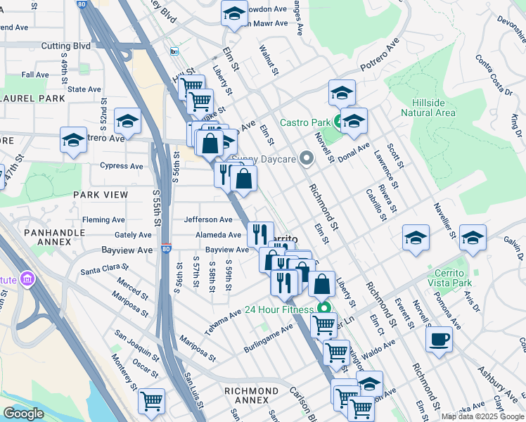 map of restaurants, bars, coffee shops, grocery stores, and more near 511 Kearney Street in El Cerrito