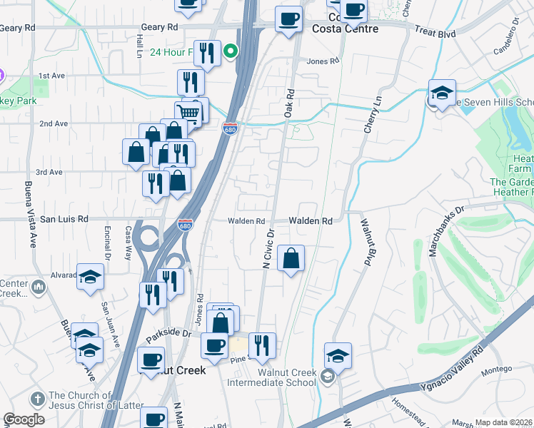 map of restaurants, bars, coffee shops, grocery stores, and more near 1354 Walden Road in Walnut Creek