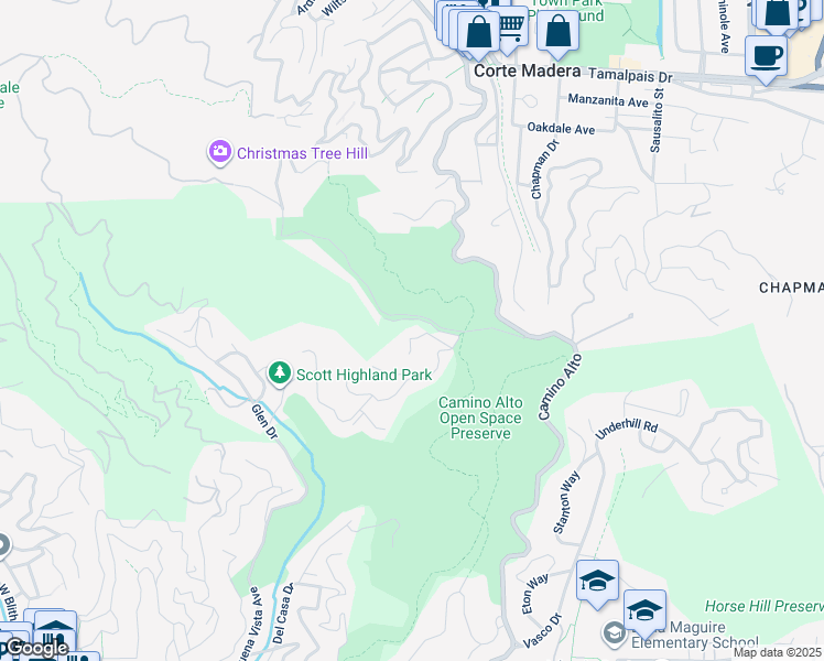map of restaurants, bars, coffee shops, grocery stores, and more near 30 Sandy Lane in Mill Valley