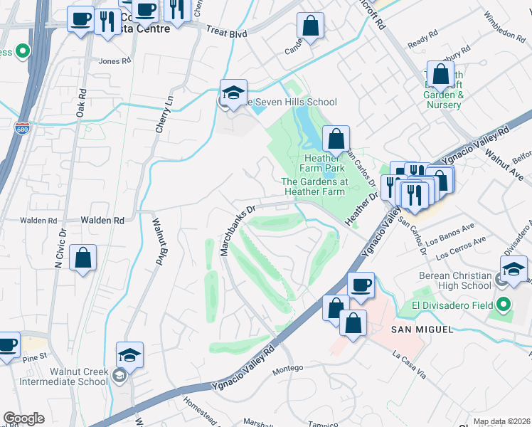 map of restaurants, bars, coffee shops, grocery stores, and more near 408 Kinross Drive in Walnut Creek