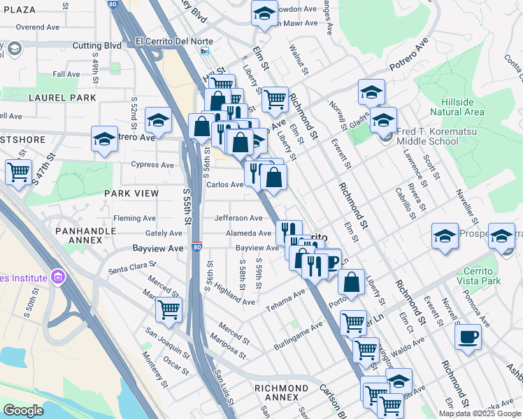 map of restaurants, bars, coffee shops, grocery stores, and more near 10963 San Pablo Avenue in El Cerrito