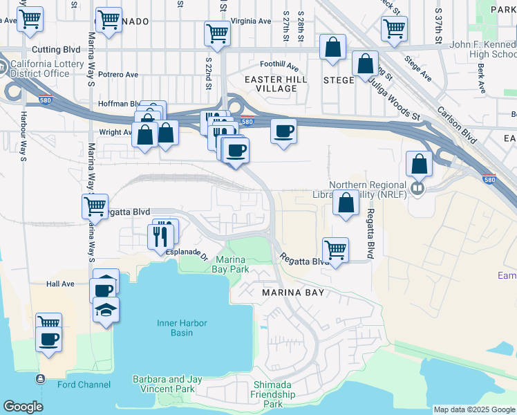 map of restaurants, bars, coffee shops, grocery stores, and more near 2606 Bayfront Court in Richmond