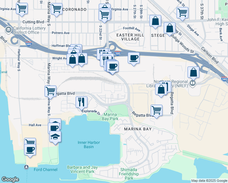 map of restaurants, bars, coffee shops, grocery stores, and more near 2606 Bayfront Court in Richmond