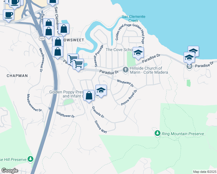 map of restaurants, bars, coffee shops, grocery stores, and more near 112 Mariner Green Drive in Corte Madera