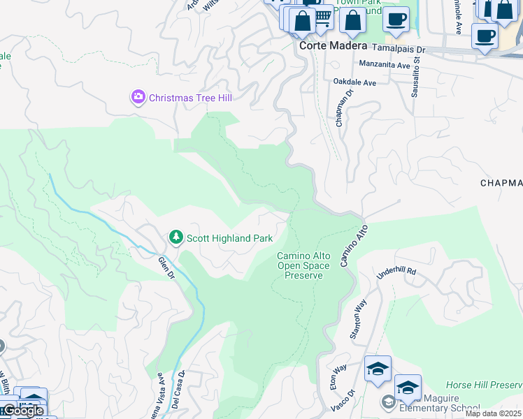 map of restaurants, bars, coffee shops, grocery stores, and more near 30 Sandy Lane in Mill Valley
