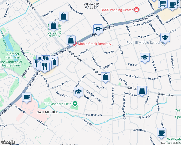 map of restaurants, bars, coffee shops, grocery stores, and more near 360 El Divisadero Avenue in Walnut Creek