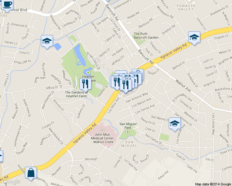 map of restaurants, bars, coffee shops, grocery stores, and more near Ygnacio Valley Rd & San Carlos Dr in Walnut Creek